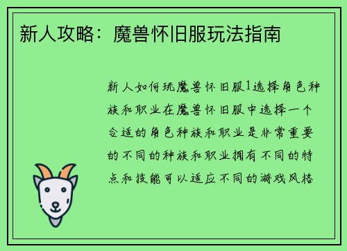 新人攻略：魔兽怀旧服玩法指南